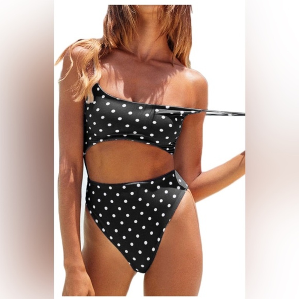 Polka Dot One-Shoulder High-Waist Bikini - Black